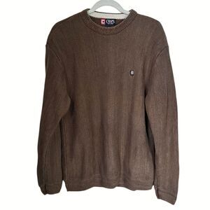 Chaps Men's Sz L Brown Herringbone Embroidered Logo Pullover Crewneck Sweater